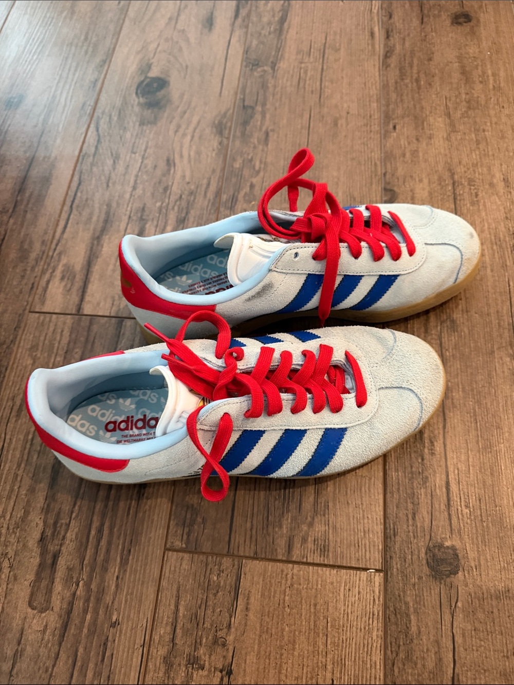 adidas Light Blue Suede Golf Shoes with Blue Stripes and Red Accents